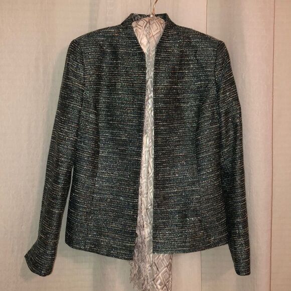 Kasper 6 Striped Elegant Evening Green White Orange Black Metallic Tweed Jacket - Picture 1 of 13